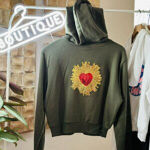 Cropped Olive Green Hearts Sequin Applique Hoodie